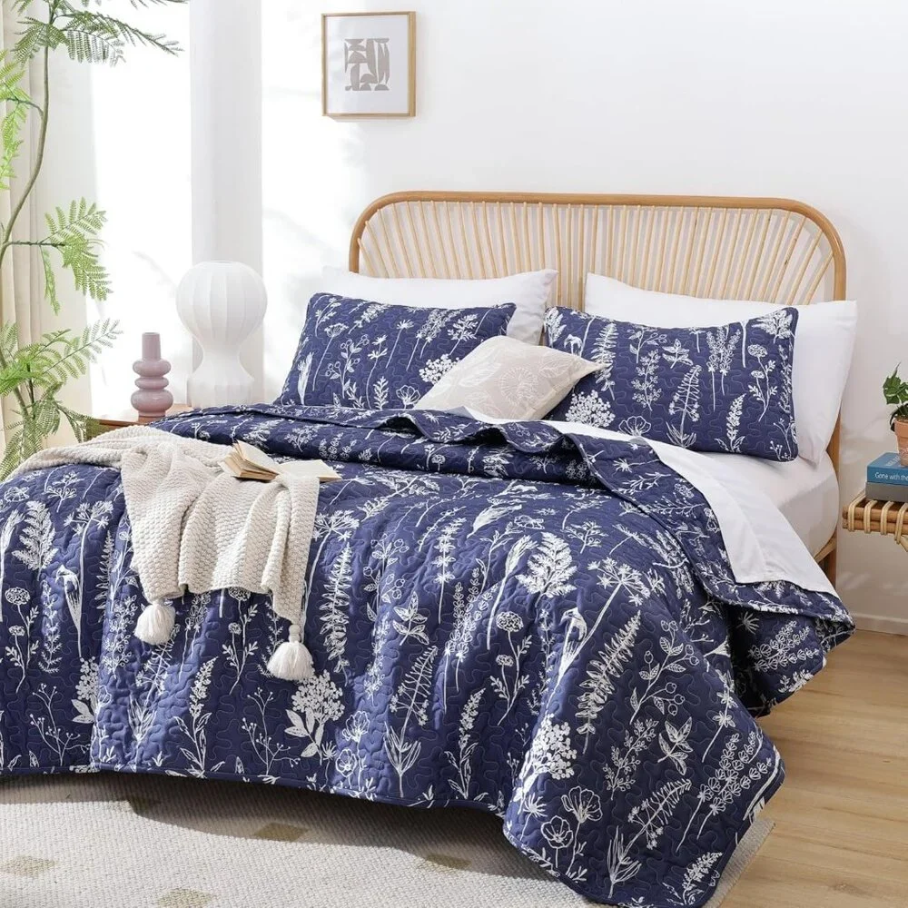 New Quilts Queen Size Navy Blue Floral Queen Quilt Bedding Set Microfiber Boho